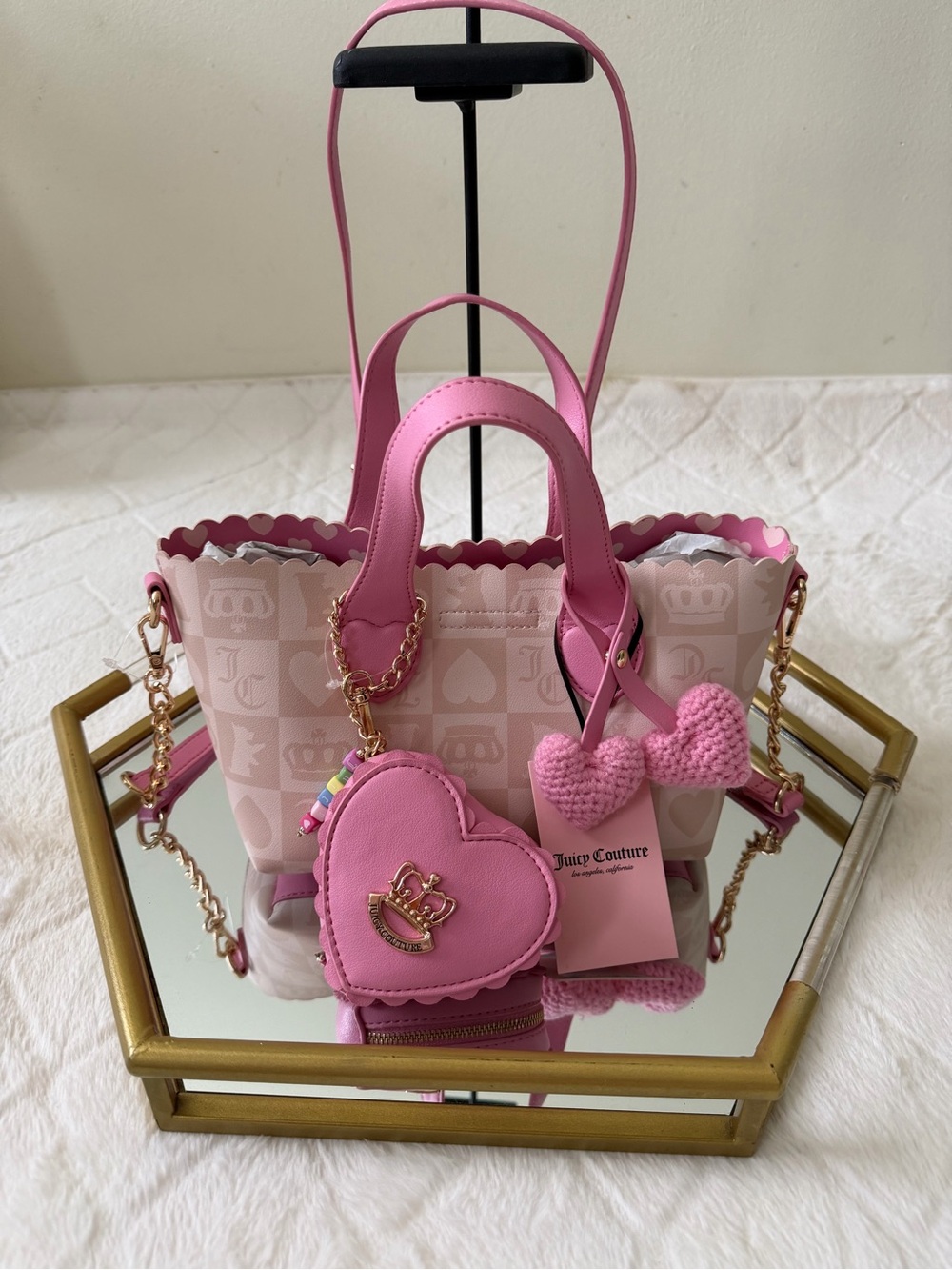 Juicy Couture Pink Scalloped Tote with Heart Charm and Chain Strap
